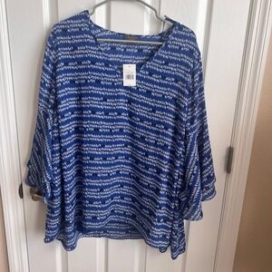 NWT The Limited Collection Blouse Bell Sleeve V-Neck‎ Blue Patterned 1X